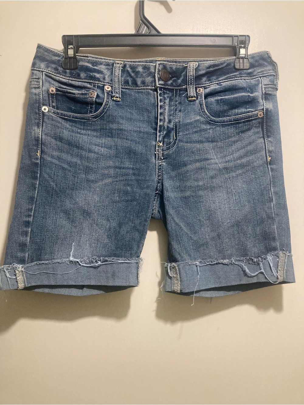 American Eagle Outfitters Washed Blue Rolled-Hem Denim Shorts